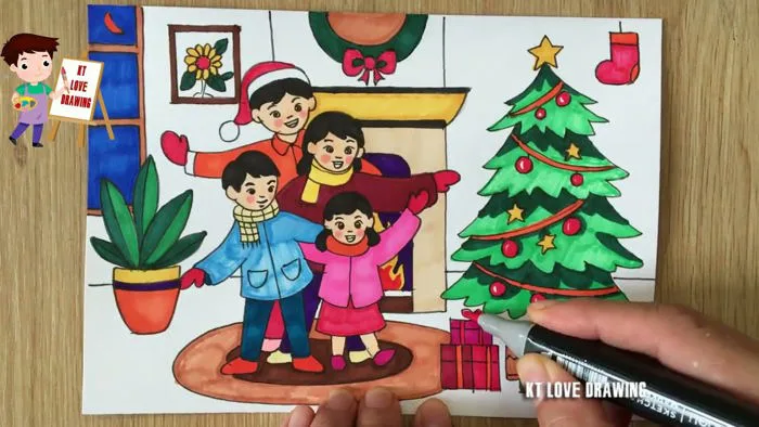 Vẽ tranh đề tài Gia đình: Mừng đón Giáng sinh | Vẽ gia đình đón Giáng sinh  | How to draw family P2