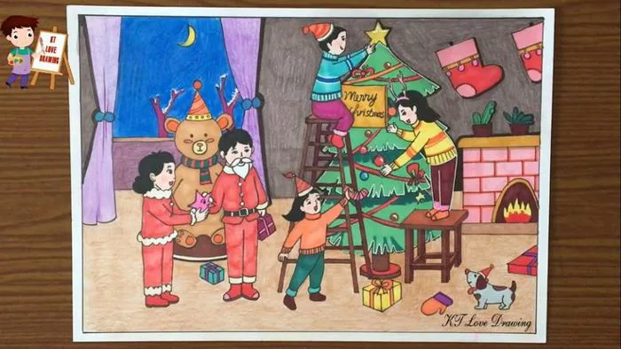Vẽ tranh đề tài Gia đình: Gia đình đón lễ Giáng sinh | Vẽ Noel | How to  draw family