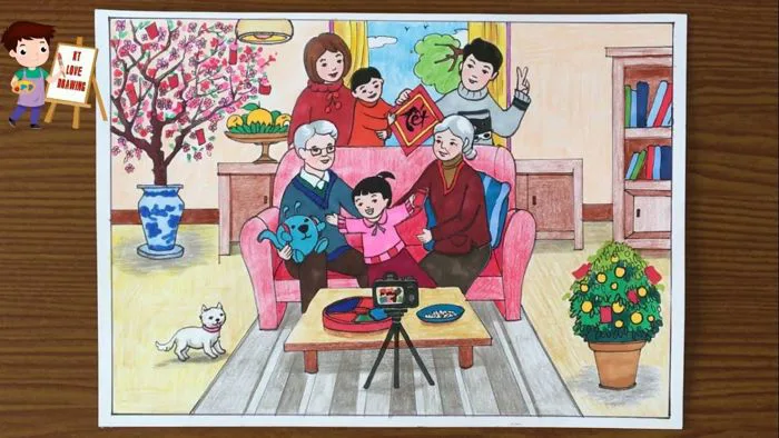 Vẽ tranh đề tài gia đình: Chụp hình gia đình | Vẽ ngày tết và mùa xuân |  How to draw family
