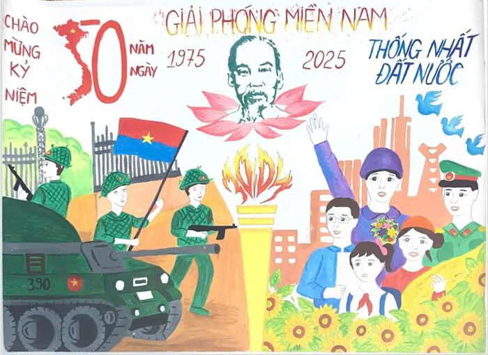 10 Mẫu tranh vẽ chủ đề 50 năm Ngày Giải phóng miền Nam, thống nhất đất nước  (30/4/1975 - 30/4/2025)
