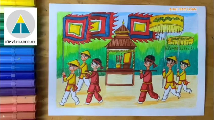 vẽ tranh lễ hội Đền Hùng | Vẽ tranh lễ hội truyền thống | Vẽ tranh rước  kiệu giỗ tổ Hùng Vương