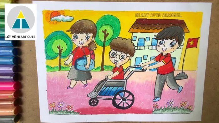 Vẽ tranh Những người bạn thân thiện | Vẽ tranh giúp đỡ bạn bè | Vẽ hoạt  động thiện nguyện
