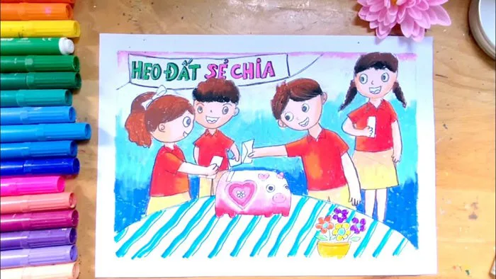 Hướng dẫn vẽ tranh hoạt động thiện nguyện heo đất sẻ chia | Vẽ tranh vì  hoạt động động đồng