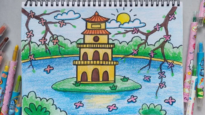 Vẽ Tháp Rùa hồ Gươm / Vẽ Tháp Rùa / Vẽ phong cảnh Hồ Gươm Tháp Rùa #drawing  #draw