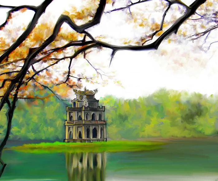 Tranh Vẽ Hồ Gươm Tĩnh Lặng | Cảnh đẹp hà nội, Vẽ tranh hà nội, Tranh