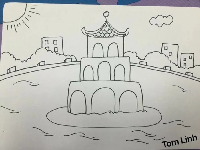 Castle Doodle on Hill | Vẽ chùa một cột đơn giản, Vẽ hồ gươm đơn giản,