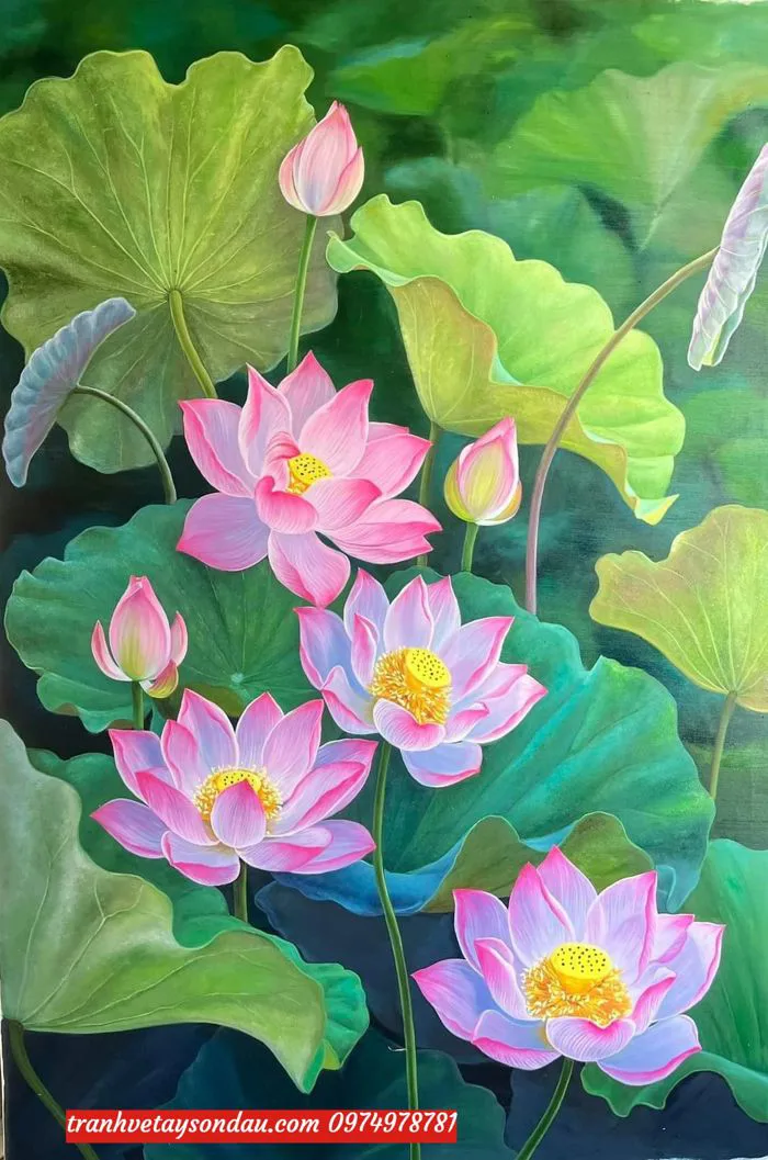 Tranh hoa sen, bông hoa sen đẹp sv26 - Tranh Sơn Dầu Hà Nội-Tranh Hà Nội