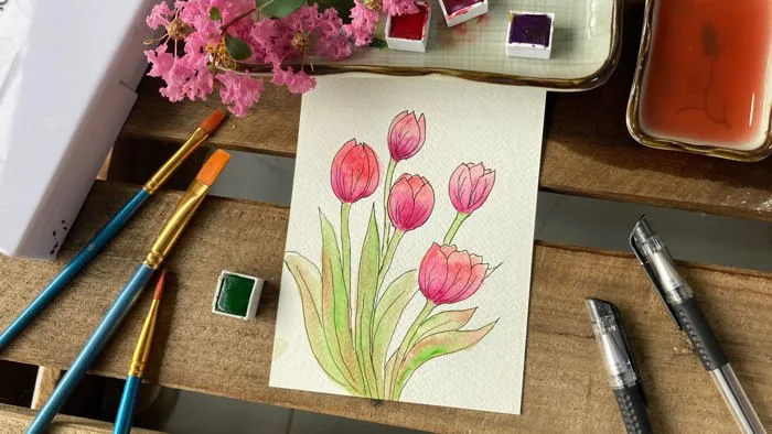 Hướng dẫn vẽ hoa Tulip bằng màu nước l vẽ tranh hoa đơn giản
