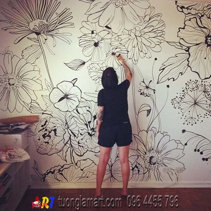 vẽ tranh tường họa tiết hoa lá đen trắng đẹp mã 02 - Tranh Sơn Dầu Vẽ Tay -  Tranh Sơn Mài - Tường Lam ART - 0964455796