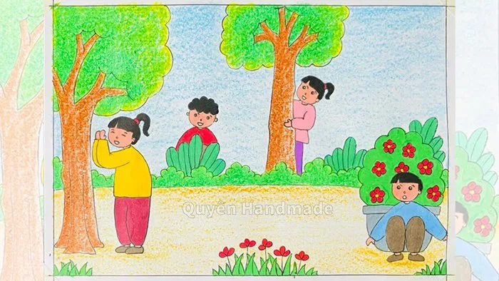 Tranh vẽ theo hình thức ước lệ lớp 7 | Vẽ kì nghỉ hè của em | Vẽ trò chơi  dân gian trốn tìm