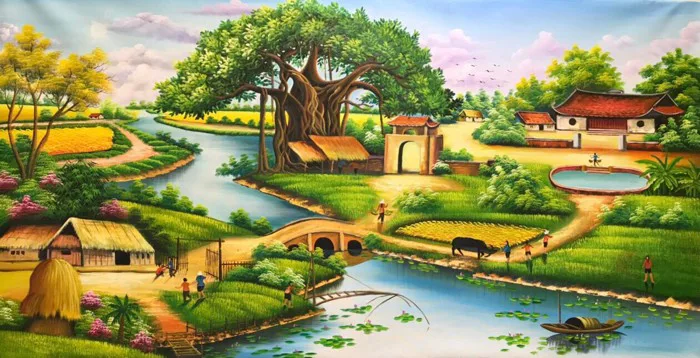 Tranh phong cảnh làng quê Việt Nam đẹp và thơ mộng - Tranh Vẽ Theo Yêu Cầu