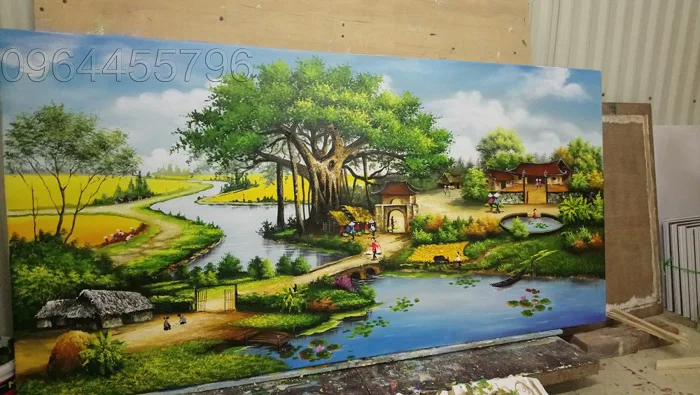 tranh phong cảnh làng quê việt nam - Tranh Sơn Dầu Vẽ Tay - Tranh Sơn Mài -  Tường Lam ART - 0964455796