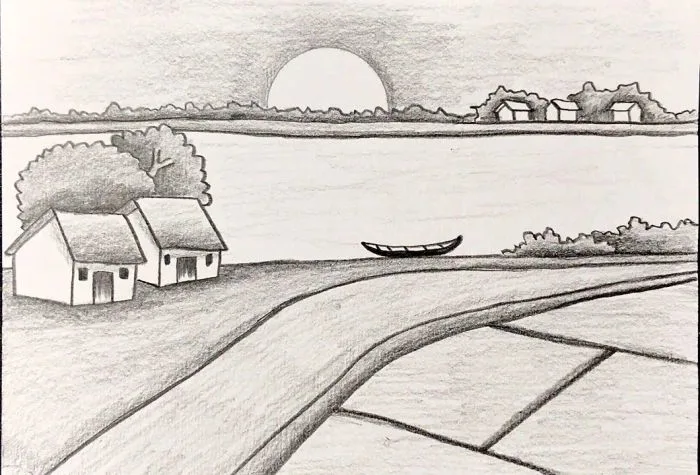 Tranh vẽ phong cảnh làng quê bằng bút chì đơn giản nhưng mang vẻ đẹp tinh  tế, đậm chất quê hương.