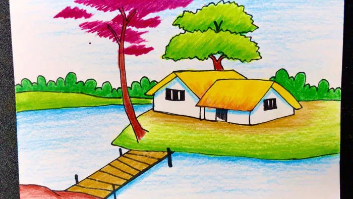 Hướng dẫn vẽ tranh phong cảnh làng quê đon giản mà đẹp | how to draw  scenery for begginer