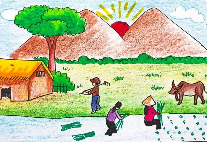 Những bức tranh vẽ gặt lúa đơn giản nhưng toát lên vẻ đẹp mộc mạc, chân  thực.