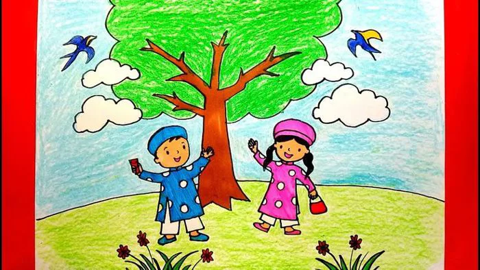 VẼ TRANH ĐỀ TÀI MÙA XUÂN NGÀY TẾT QUÊ EM - VẼ TRANH NGÀY TẾT