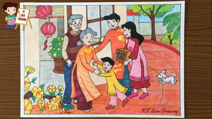 Vẽ tranh đề tài gia đình: Chúc Tết ông bà | Vẽ ngày tết và mùa