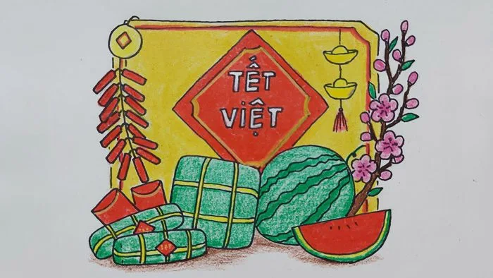 vẽ mâm quả ngày tết / vẽ bánh Chưng bánh Tét