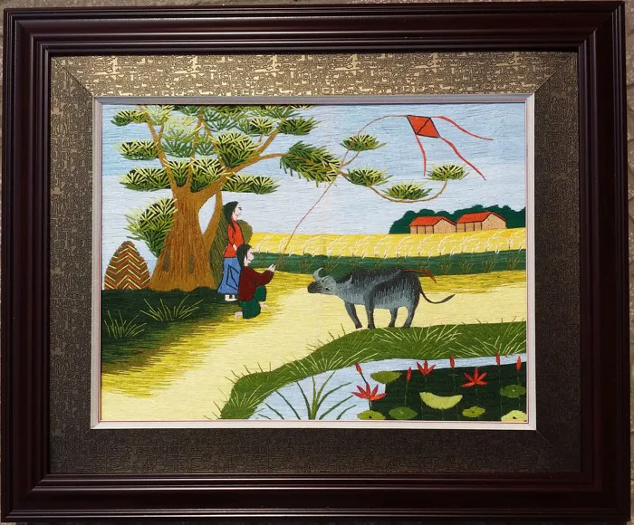 Tranh thêu tay chăn trâu thả diều -T279 - Mua Bán Tranh - Siêu Thị Tranh Đẹp