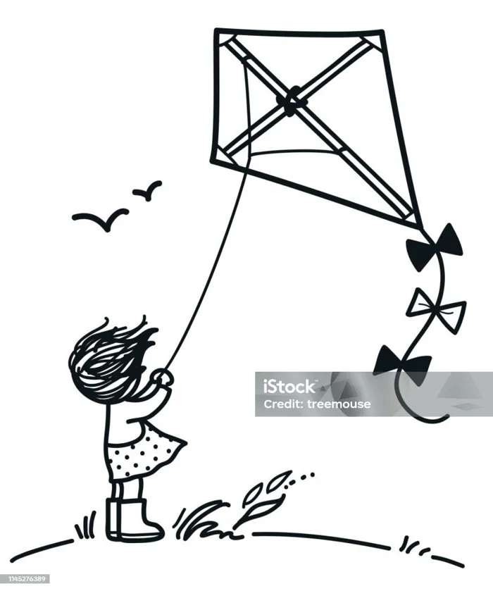 Cô Bé Trên Một Ngọn Đồi Thả Diều Vào Một Ngày Gió Với Mái Tóc Lộng Gió Dễ  Thương Cây Bút Đen Trắng Và Kiểu Mực Đơn Giản Vẽ Tranh Hoạt Hình