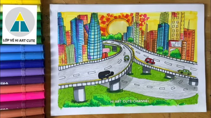 Vẽ đô thị trong mắt em l Vẽ phong cảnh thành phố | Vẽ cảnh đẹp quê em