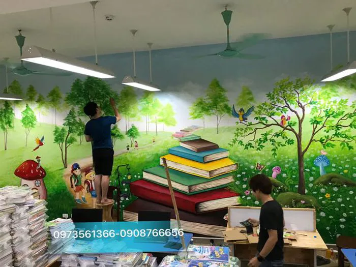 Vẽ tranh tường 3d thư viện sách - 0973561366