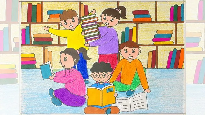 Tranh vẽ với các hình nối tiếp nhau | Vẽ không gian trong thư viện | Vẽ  những người bạn thân thiện