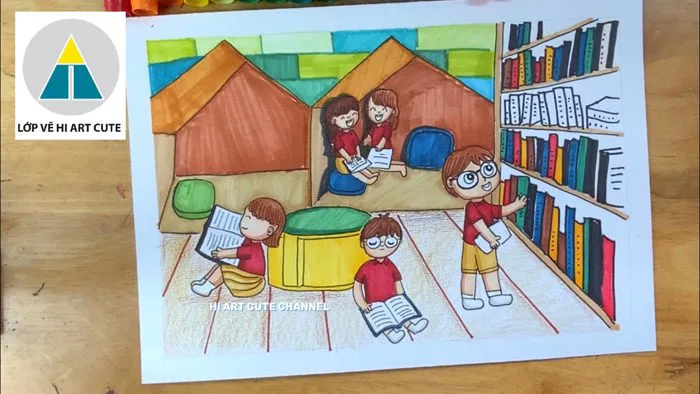 Vẽ không gian trong thư viện | vẽ thư viện trường em