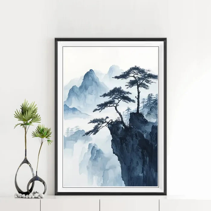 Mẫu tranh thuỷ mặc đẹp cây trên núi cao TTM1332