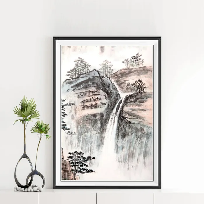 Tranh thuỷ mặc đẹp vẽ núi non thác nước TTM2673