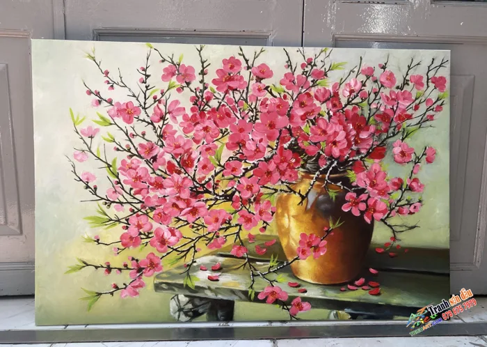 vẽ tranh tĩnh vật hoa đào quà tết - xưởng vẽ tranh đẹp