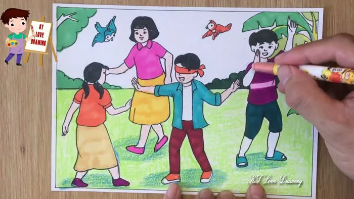 Vẽ tranh sáng tạo mĩ thuật với trò chơi dân gian | Vẽ tranh trò chơi dân  gian: Bịt mắt bắt dê