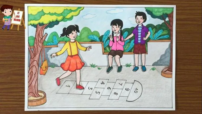 Vẽ tranh đề tài trò chơi dân gian: Trò chơi nhảy lò cò / Vẽ tranh vui chơi  / How to draw folk games