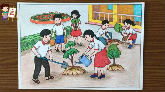 Vẽ tranh hoạt động trong trường học / Vẽ tranh lao động trồng cây bảo vệ  môi trường