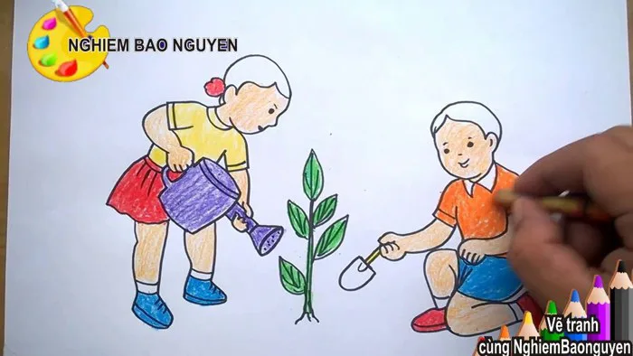 Vẽ tranh Bé trồng cây/How to Draw Baby plant trees