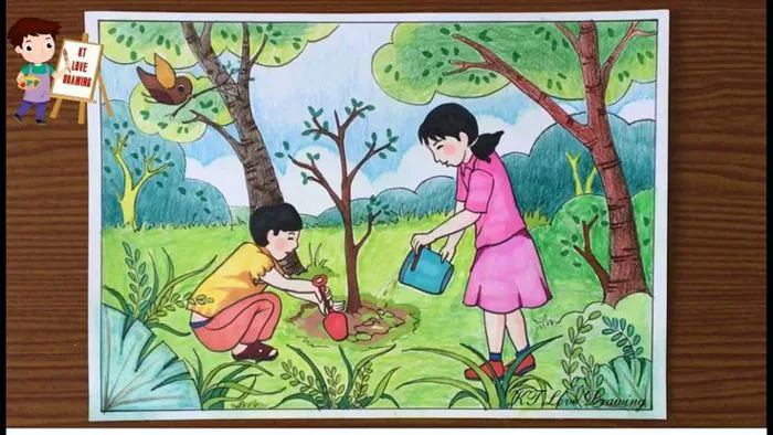 Vẽ tranh đề tài lao động: Trồng cây bảo vệ môi trường | How to paint  environmental protection.