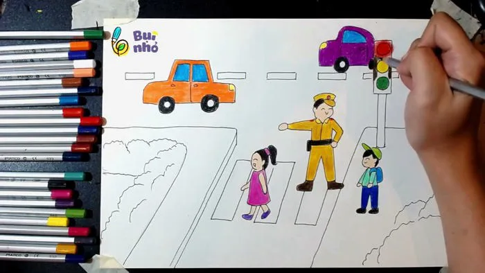 Học vẽ chủ đề an toàn giao thông cực chi tiết