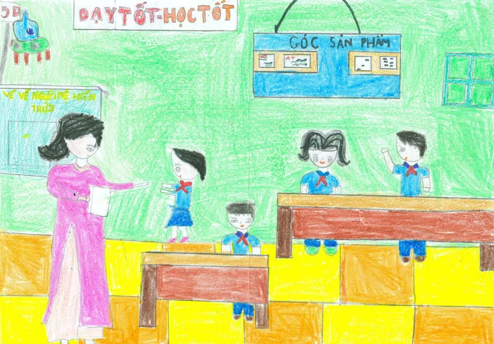 Tranh vẽ thầy cô và mái trường đẹp nhất