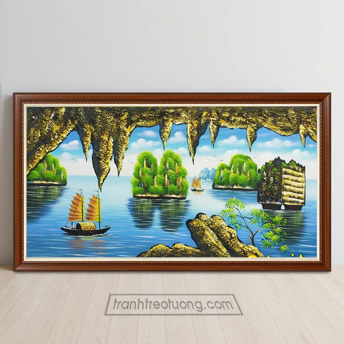 Mẫu tranh vẽ Vịnh Hạ Long nhìn từ cửa hang động VHL518