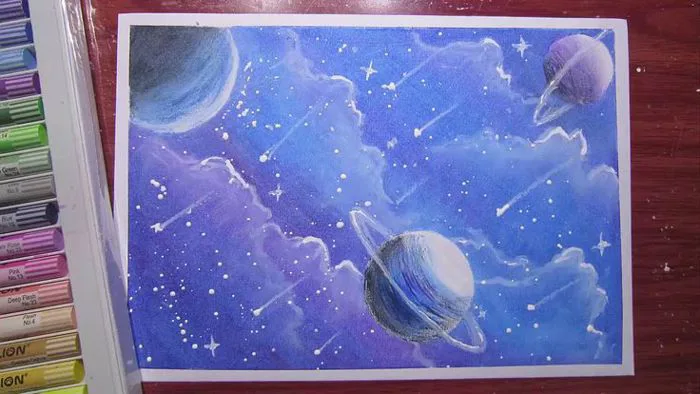 Vẽ tranh galaxy các hành tinh mơ mộng bằng sáp màu dầu