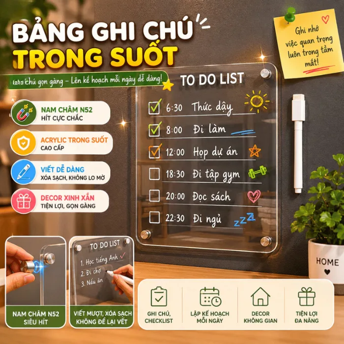 Bảng Ghi Chú Trong Suốt Nam Châm Gắn Tủ Lạnh HPS, Bảng Acrylic Lập Kế  Hoạch, Decor Dễ xóa