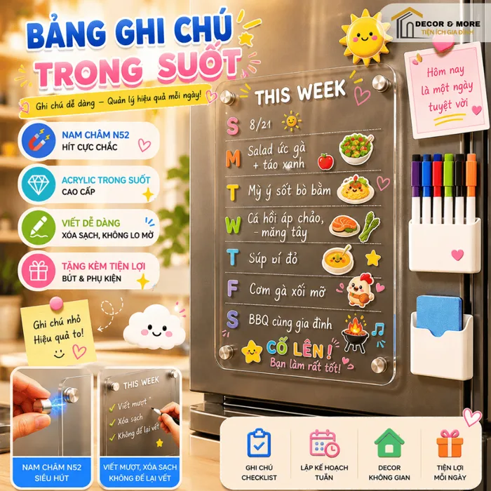 Bảng Trong Suốt Ghi Chú Lập Kế Hoạch DECOR, Bảng Acrylic Gắn Góc Làm Việc  Tủ Lạnh Nhà Bếp Dễ Tẩy Xóa