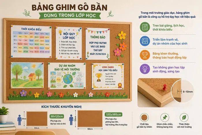 Bảng ghim gỗ bần | Dùng trong lớp học, văn phòng, gia đình