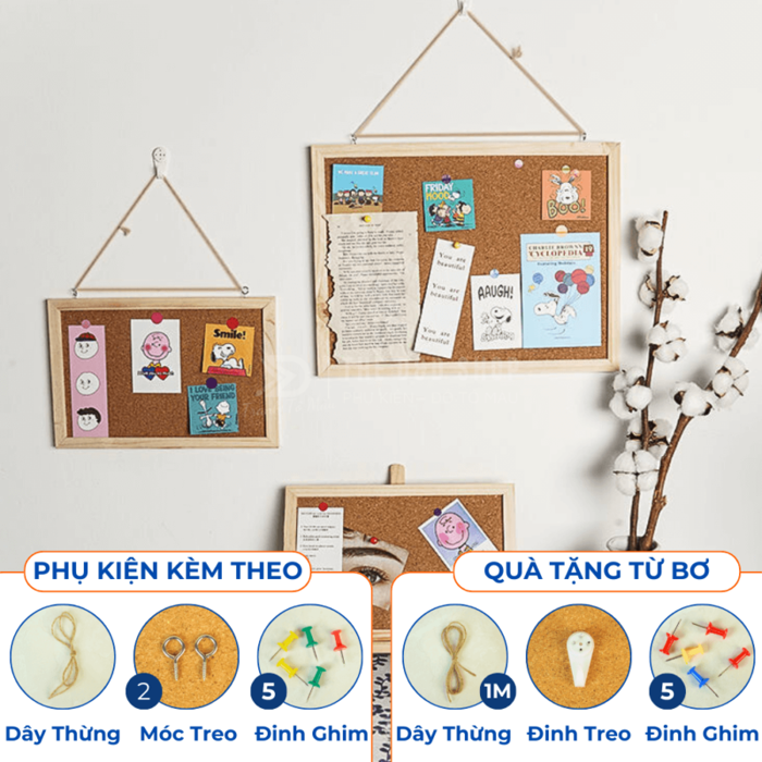 Bảng Ghim Gỗ Bần Đa Năng Ghim Thông Báo, Giấy Note, Vision Board Kèm Quà  Tặng