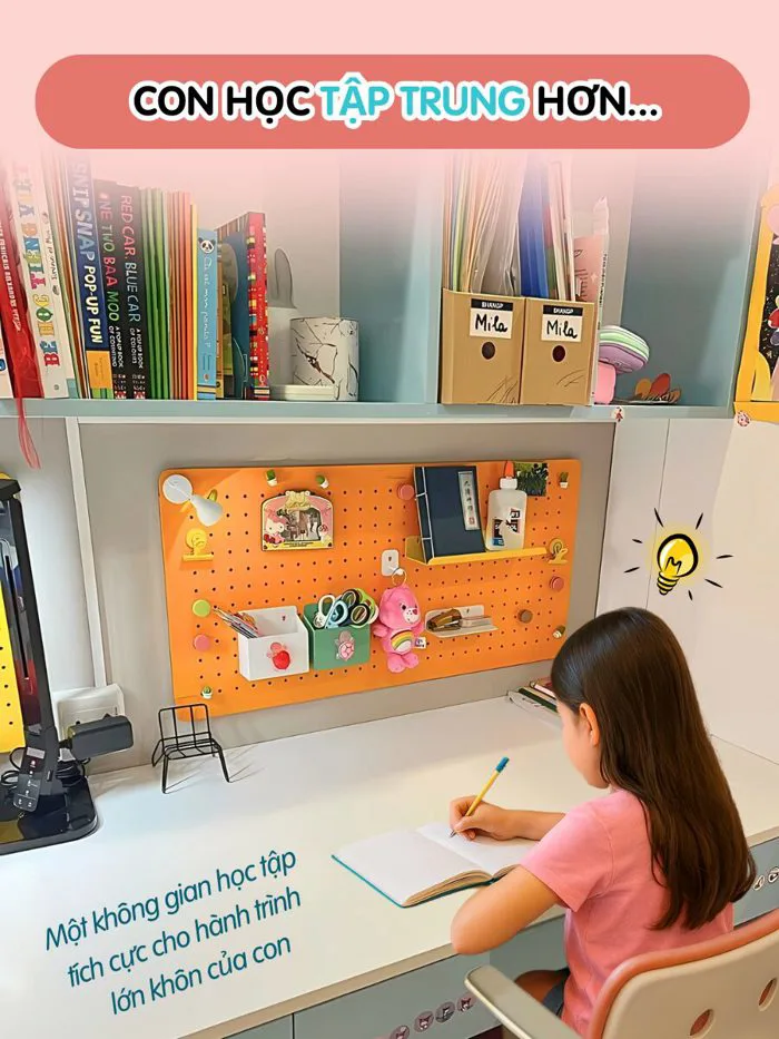 Góc học tập gọn gàng giúp trẻ tập trung hơn – Chỉ với 1 chiếc pegboard