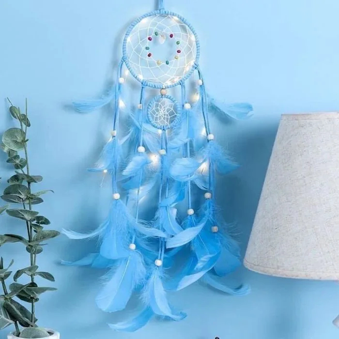 [SẴN HCM] Vòng Đuổi Bắt Giấc Mơ Trắng Kèm Đèn Led, Dreamcatcher Đính Lông  Vũ Treo Cửa Sổ Phòng Khách