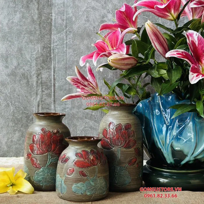 Bình gốm,lọ cắm hoa decor men gốm hoa sen cao cấp Bát Tràng (set 3 bình) -  LH026 - Gốm Sứ Store