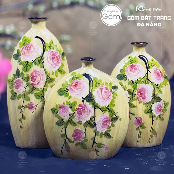 Bộ bình hoa gốm sứ decor hoạ tiết hoa hồng BT-BH38