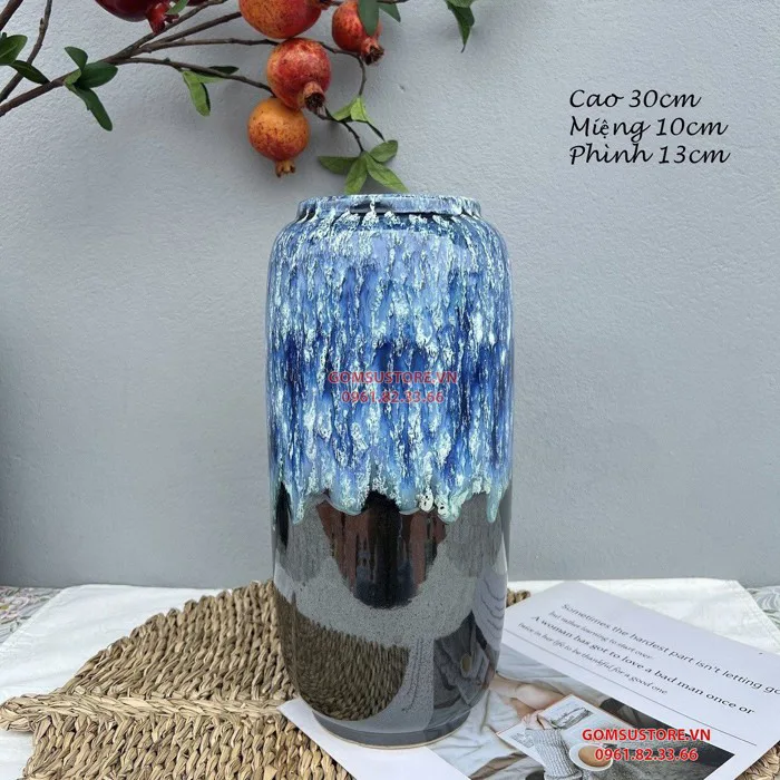 Bình gốm, lọ cắm hoa decor men hoả biến màu xanh dương Bát Tràng trang trí  nhà cửa H31cm