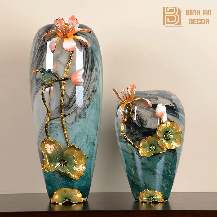 Bình Hoa Tráng Men Cao Cấp Đắp Nổi Hoa Sen - Bình An Decor